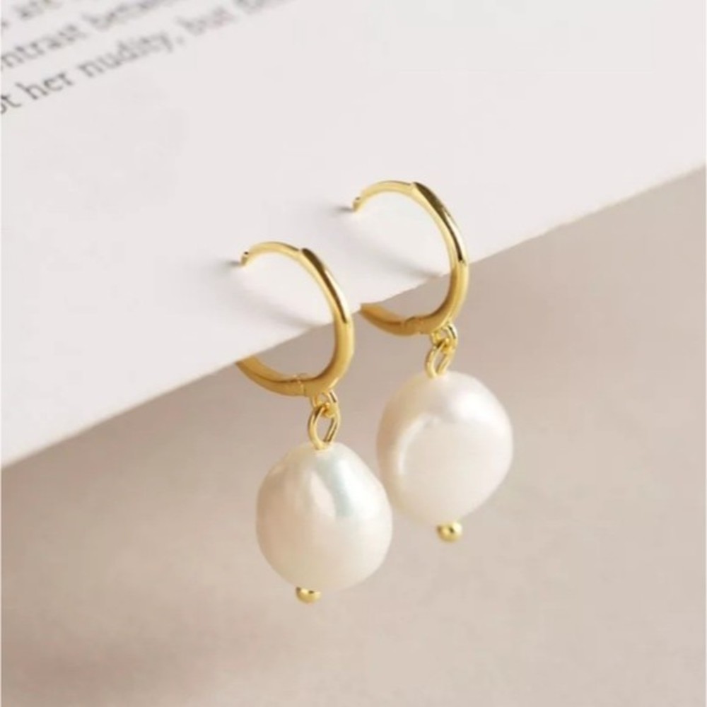 Sterling Silver Baroque Minimalist Round Ear Hoop Irregular Pearl Drop Earrings